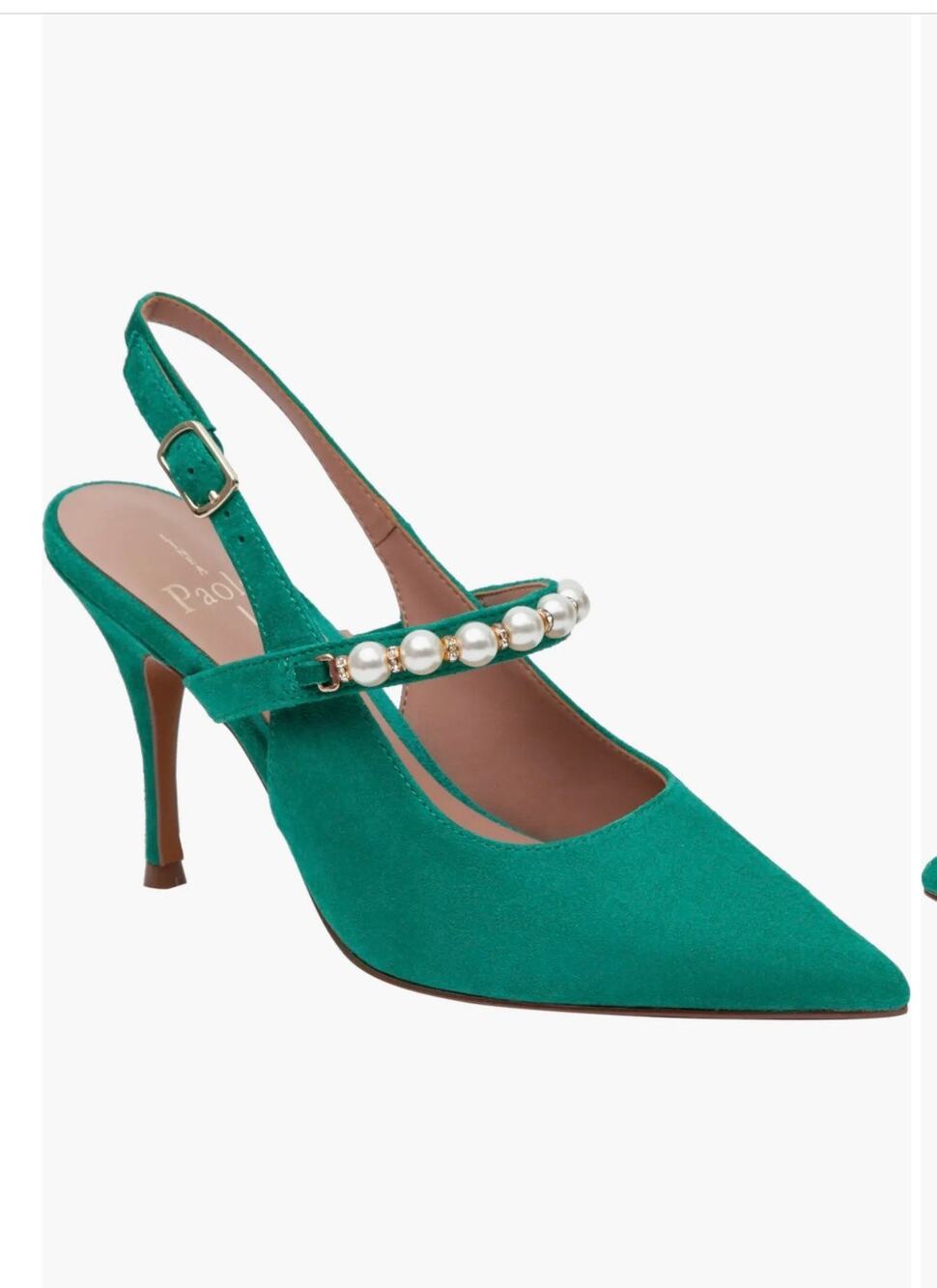Paolo Emerald Green Suede Pearl Embellished Slingback Heels